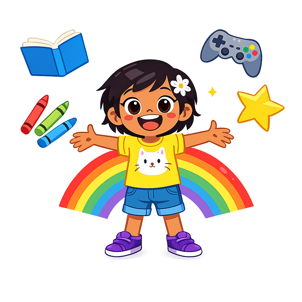 Mae MacGregor with a rainbow, books, games and crayons