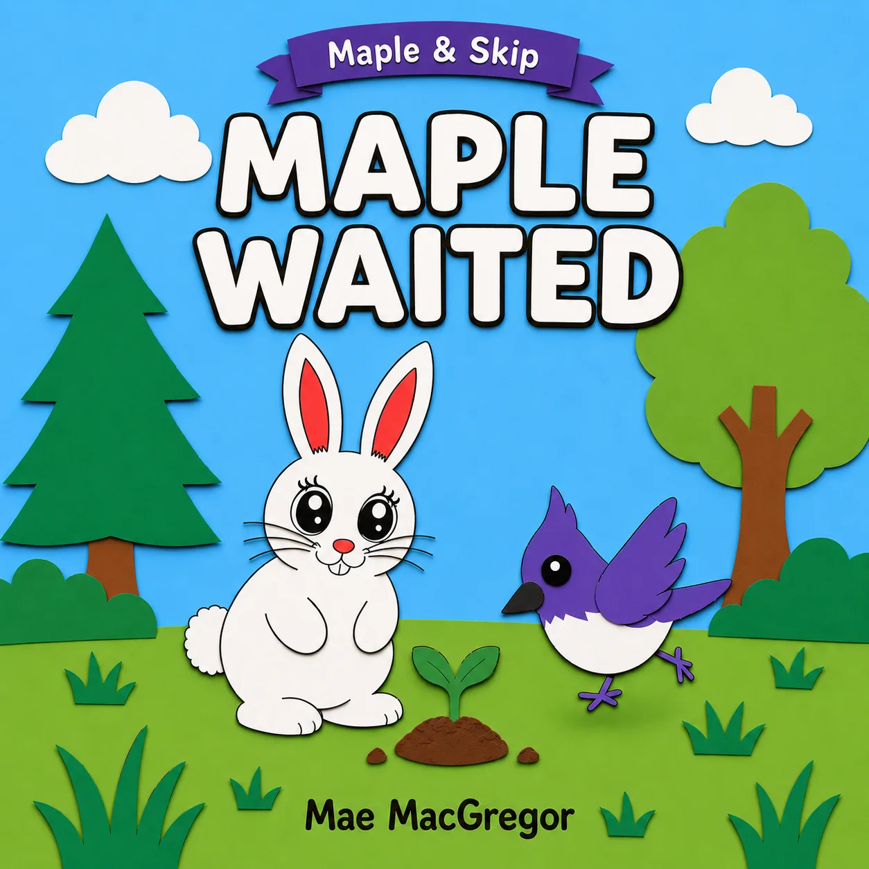 Maple Waited book cover, showing a white bunny and a purple bird with a small seedling