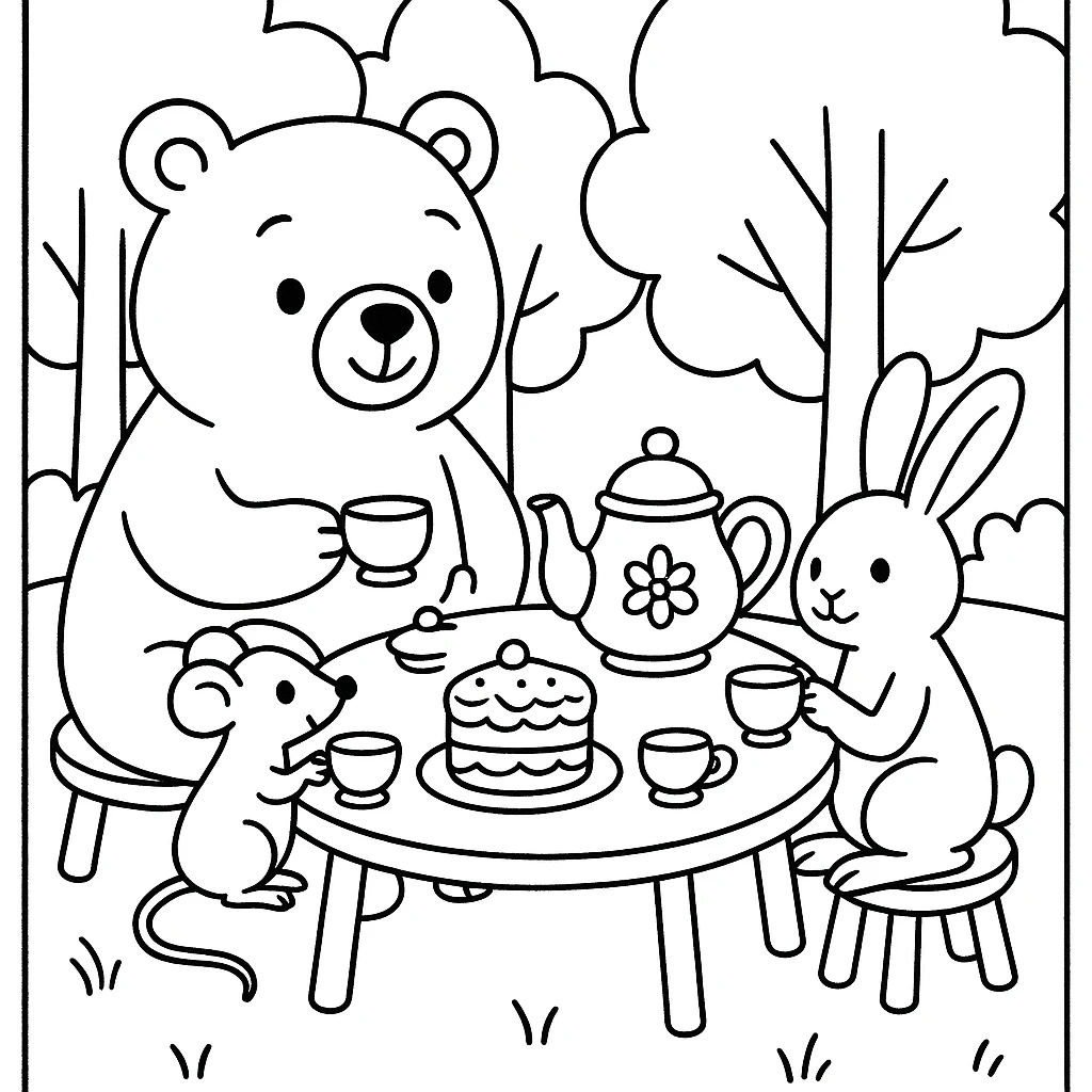 Bear tea party coloring page
