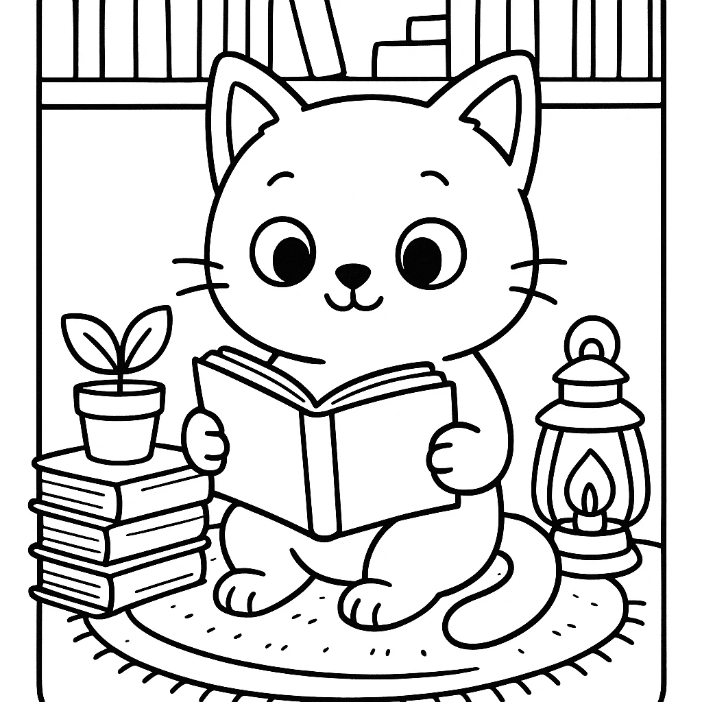 Cat with books coloring page
