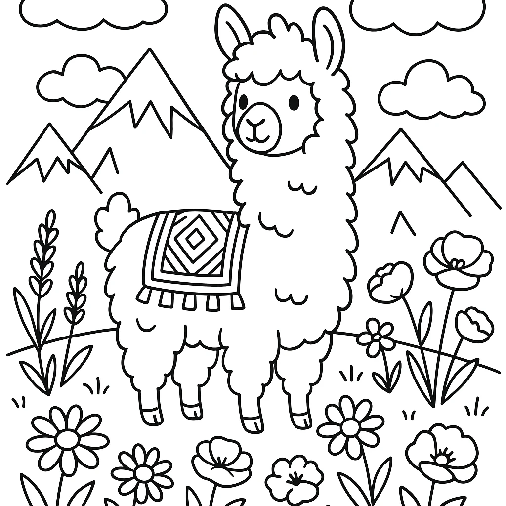 Llama in the mountains coloring page