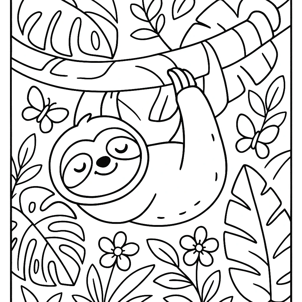 Sloth in the jungle coloring page