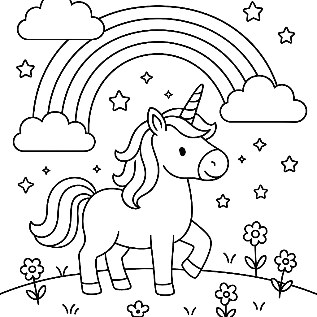 Unicorn and rainbow coloring page