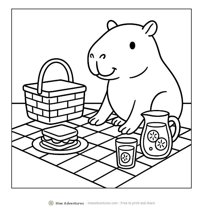 Capybara Picnic coloring page