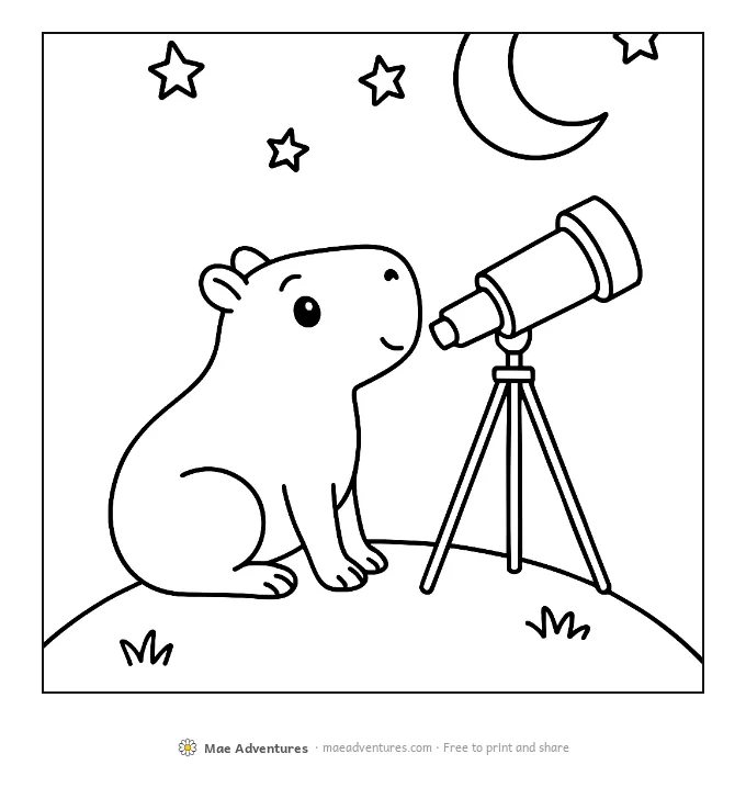 Capybara Stargazing coloring page
