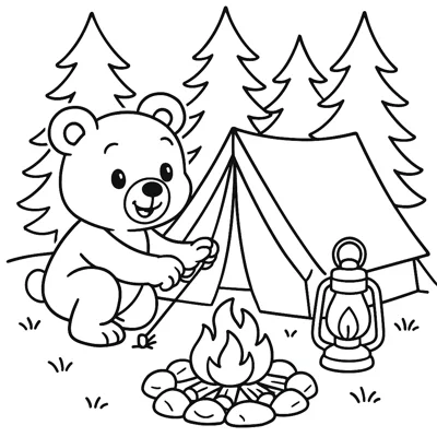 Bear camping coloring page