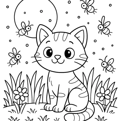 Cat and Fireflies coloring page