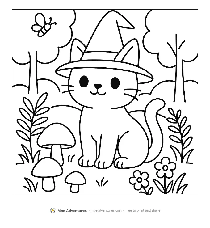 Cat in the Enchanted Forest coloring page