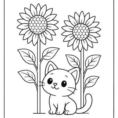 Cat in the Sunflowers coloring page