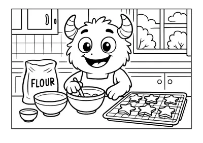 Friendly monster baking coloring page